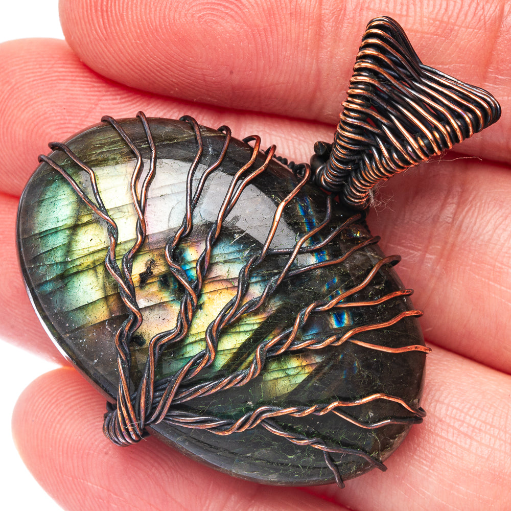 Oxidized copper tree of life pendant with iridescent labradorite stone