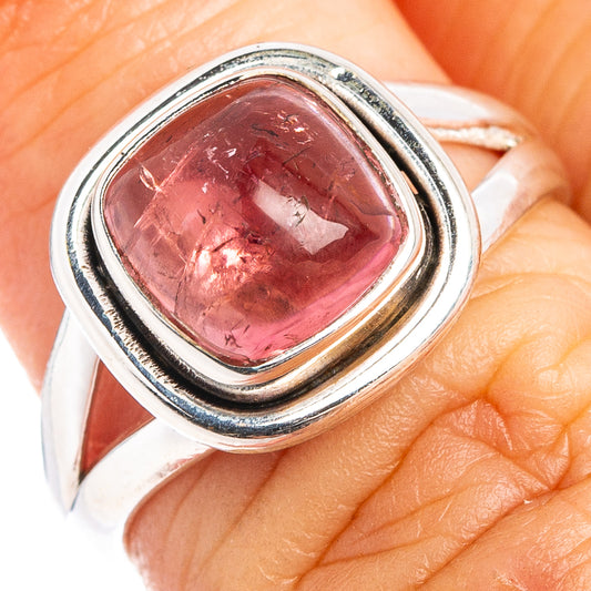 Pink tourmaline bezel ring in .925 sterling silver, oval pink gemstone, size 6