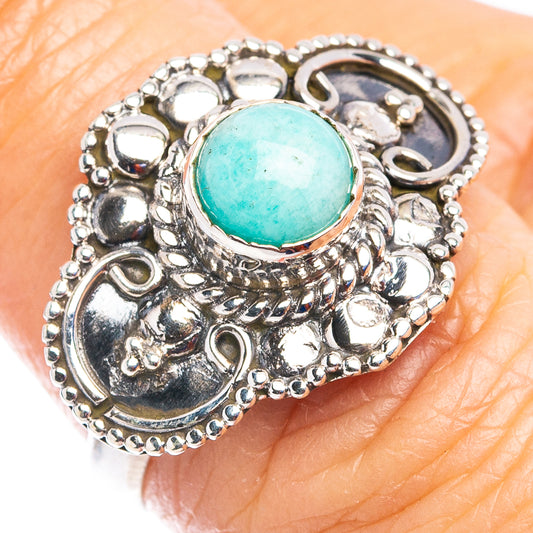 Silver amazonite ring with round turquoise cabochon and beaded filigree setting