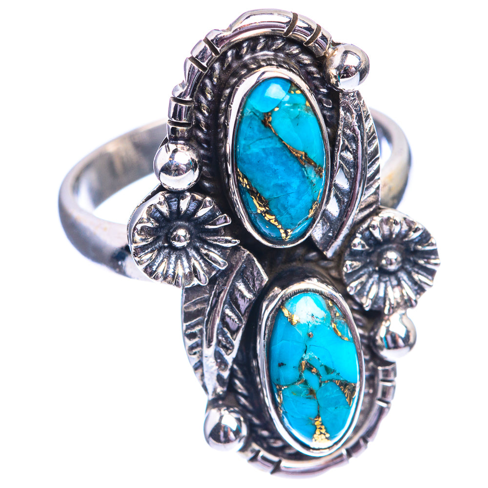 Sterling silver ring featuring two blue-green oval turquoise cabochons and bead accents