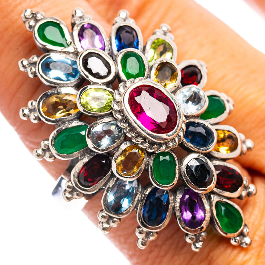 Sterling silver cluster ring with multicolor oval gems in blue, green, purple and red