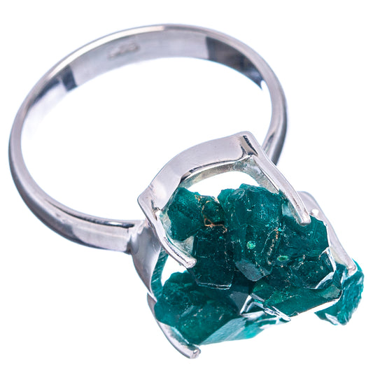 Dioptase ring view, .925 sterling silver band with emerald-green crystal centerpiece