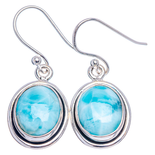 Sterling silver Larimar drop earrings, oval blue cabochons with fishhook ear wires