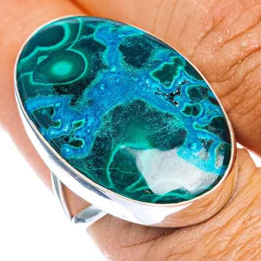 Oval chrysocolla and malachite gemstone cabochon sterling silver ring, teal and blue