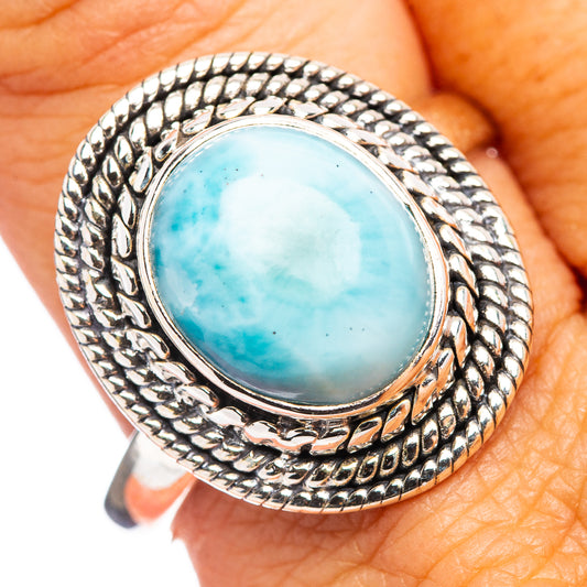 Oval larimar cabochon ring with twisted rope silver bezel, size 11
