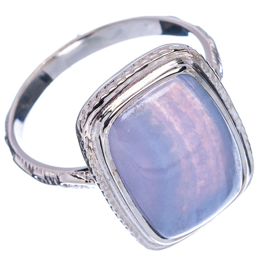Oval blue lace agate sterling silver ring, wide band and raised frame