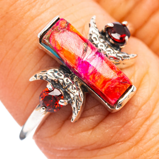 Pink and orange rectangular gemstone ring with turquoise edge, garnet accents, size 7.75