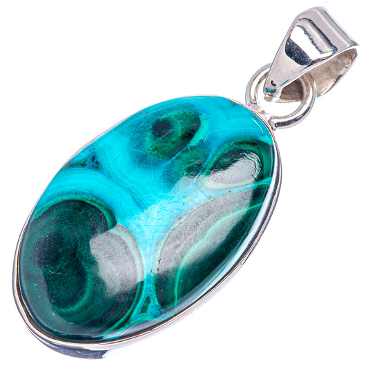 Oval teal and green malachite-chrysocolla pendant with .925 silver bail and frame
