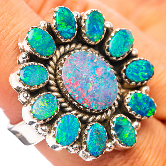 Opal doublet ring, adjustable sterling silver band with oval blue-green opal stones