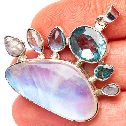 Signature Rainbow Moonstone, Blue Topaz, Rainbow Moonstone Pendant 1 1/2" (.925 Sterling Silver)