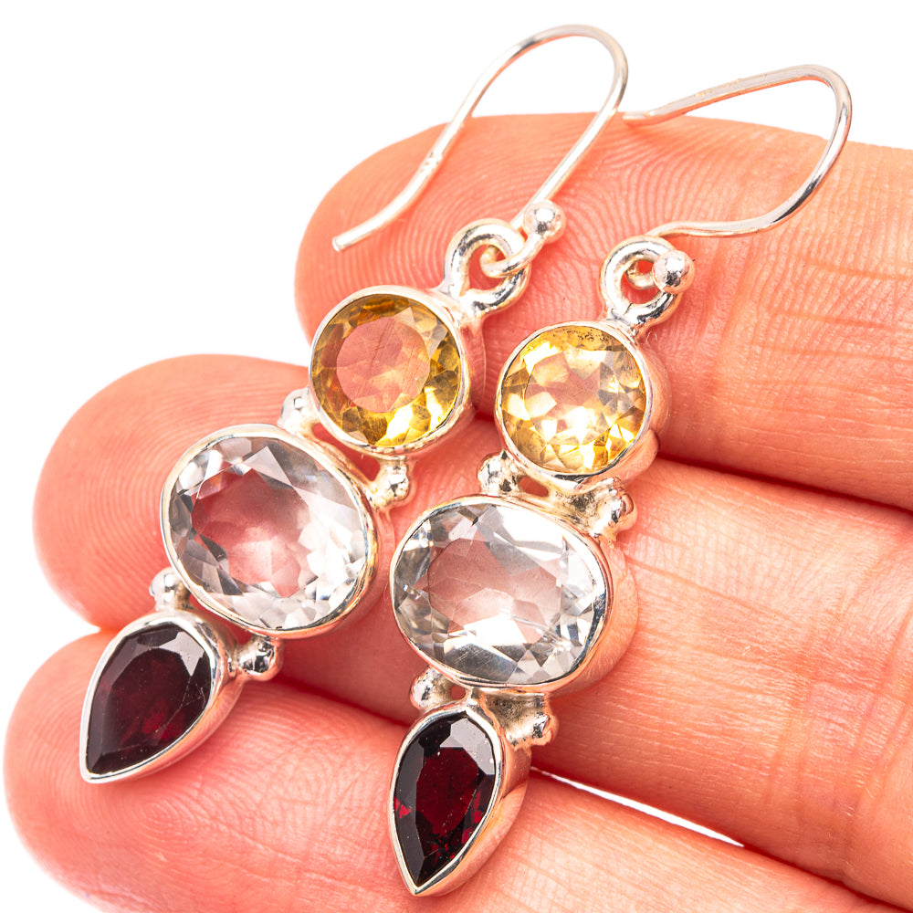 White Quartz, Citrine, Garnet Earrings 1 3/4" (925 Sterling Silver) E432314