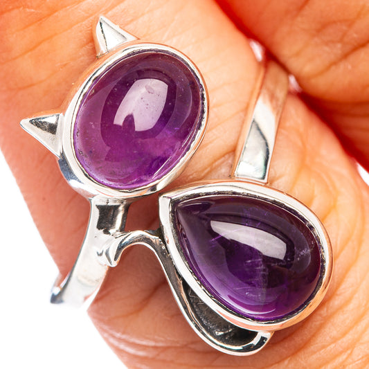 Sterling silver cat ring with two oval amethyst cabochons, size 8.25