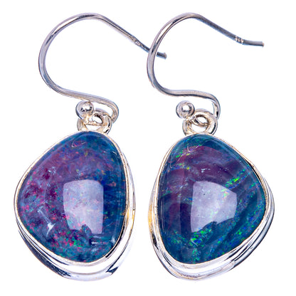 Pair of teardrop opal drop earrings, silver hooks with blue-purple iridescence
