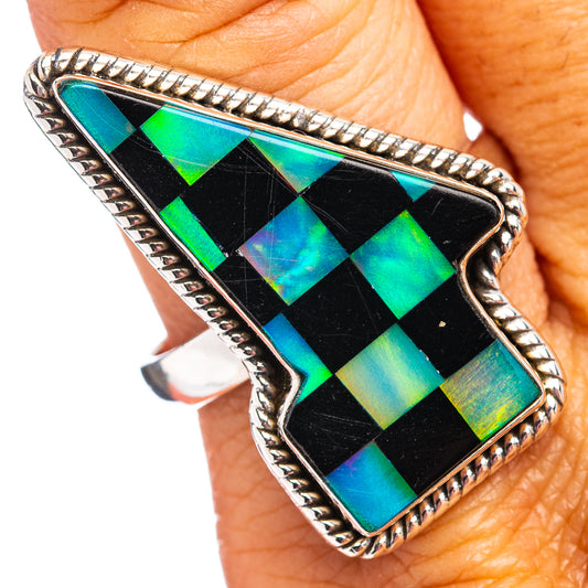 Sterling silver rope-braid lightning-bolt ring with black, teal, and yellow opal inlay, size 10