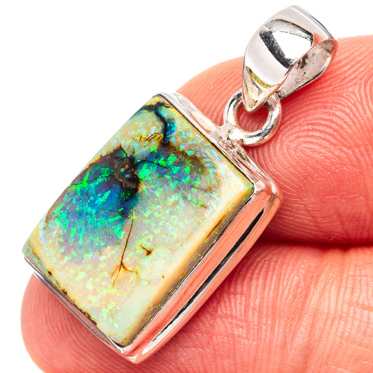 Sterling silver opal pendant with rectangular iridescent opal gemstone, hinged bail