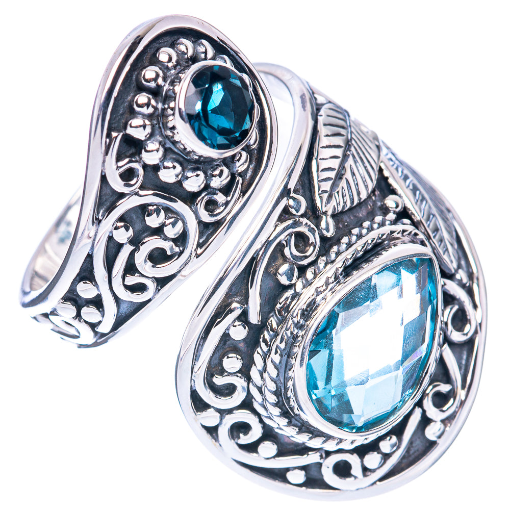 Sterling silver ring with round and oval blue gemstones, filigree and leaf detailing