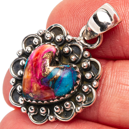 Sterling silver heart pendant with pink and turquoise marbled stone and bail