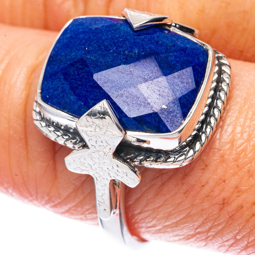 925 sterling silver ring with faceted blue lapis lazuli and cross band