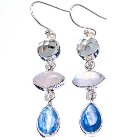 Sterling silver fishhook earrings, faceted clear stone, opalescent oval, blue teardrop