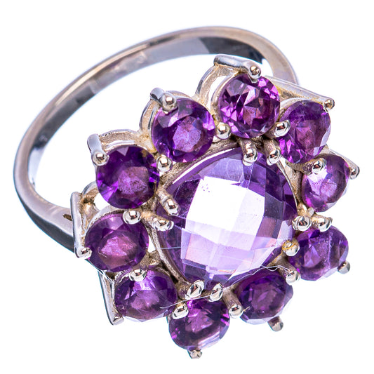 Amethyst flower ring, .925 sterling silver, oval amethyst center with round purple accents