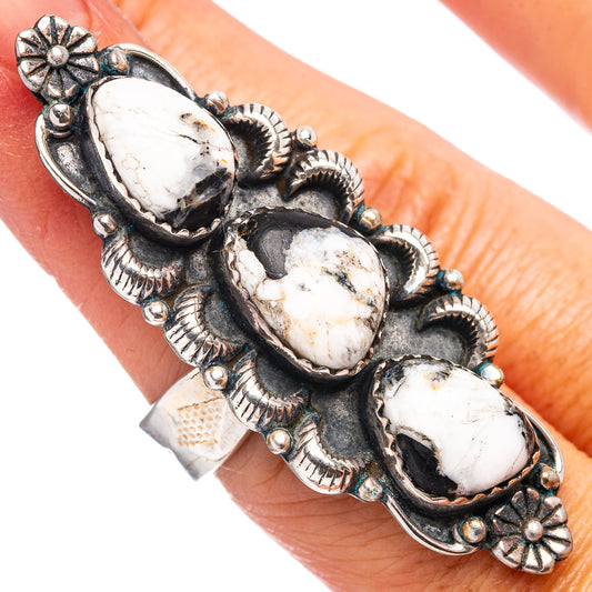 Native style sterling silver ring with 3 oval white buffalo stones, adjustable band