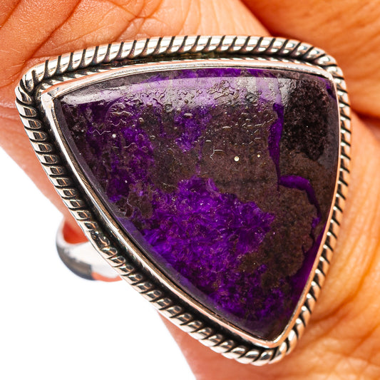 Triangular purple sugilite ring with rope-edged sterling silver bezel, size 10.