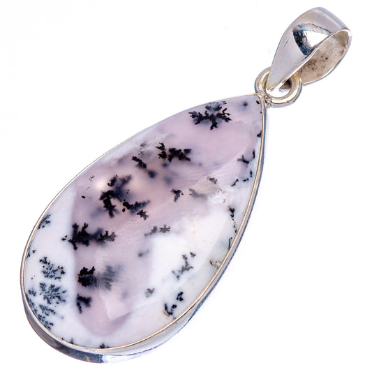 Sterling silver teardrop dendrite agate pendant, bezel edge with black dendrites on pale stone