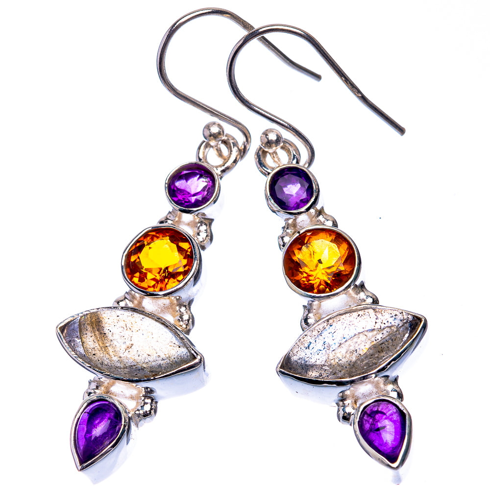 925 sterling silver dangle earrings with amethyst purple and citrine orange stones plus gray labradorite accents