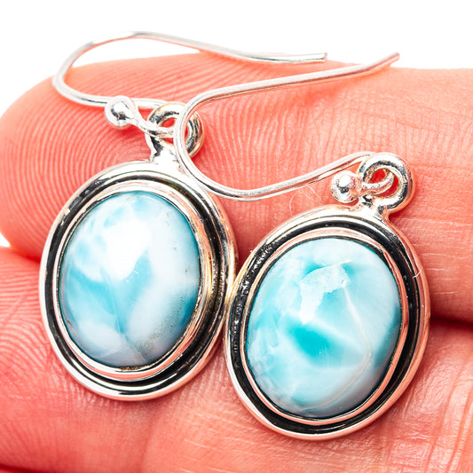 Sterling silver larimar drop earrings, round blue oval cabochons on wire hooks