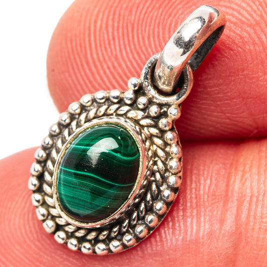 Sterling silver malachite oval pendant with beaded border and loop bail