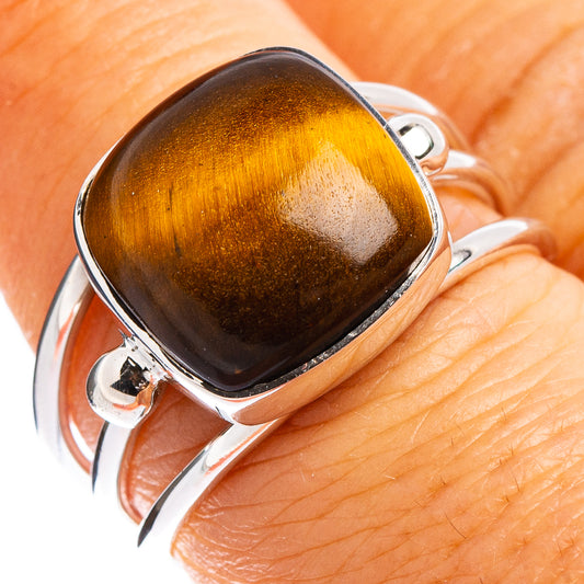 Tiger eye oval gemstone ring, polished .925 sterling silver, dark brown-gold bands