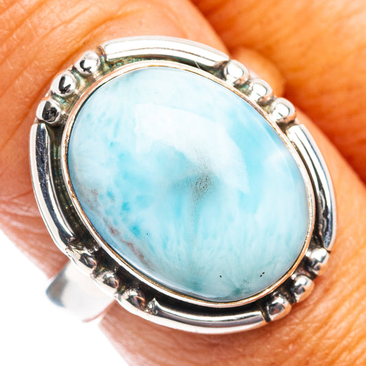 Sterling silver oval Larimar ring, bezel with raised bead border