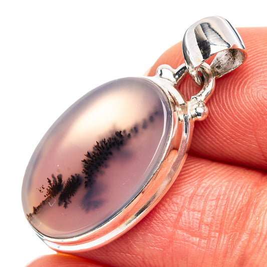 Oval dendritic agate pendant, .925 sterling silver frame and bail; pink stone with dark branching