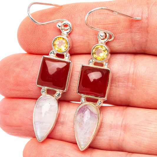 Sterling silver drop earrings with yellow citrine, red carnelian, and white moonstone