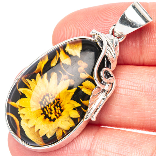 Amber Intaglio Sunflower Pendant 1 3/4" (925 Sterling Silver) P42573
