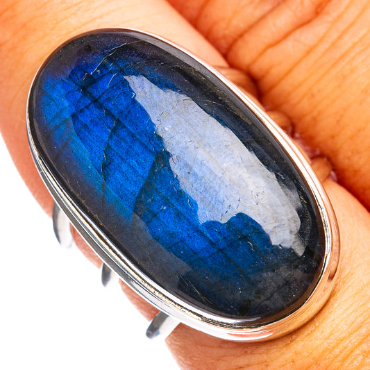 Labradorite oval cabochon sterling silver ring with vivid blue iridescence