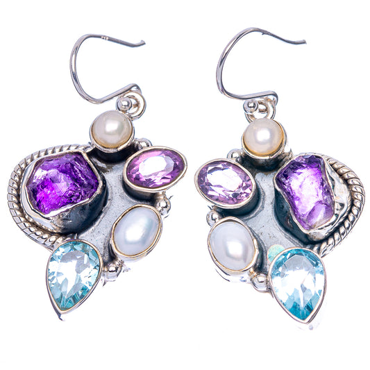 Premium Rough Amethyst, Blue Topaz, Cultured Pearl Earrings 1 5/8" (925 Sterling Silver) E1687