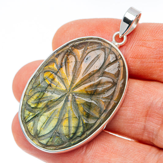 Hand Carved Premium Labradorite Pendant 2" (.925 Sterling Silver)