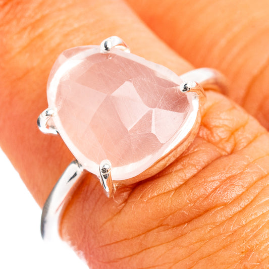 Rose quartz faceted sterling silver ring with oval stone in prong setting