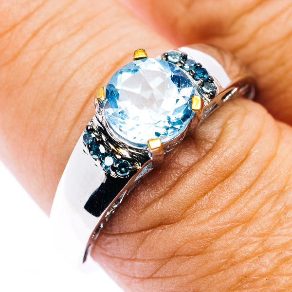 Blue Topaz, Blue Diamond Ring Size 8.75 (.925 Sterling Silver)