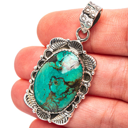 Exclusive Southwestern Style Hubei Turquoise Pendant 1 7/8" (.925 Sterling Silver)