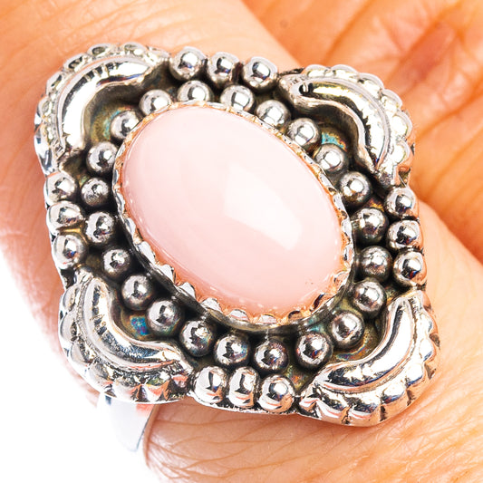 Pink opal oval ring in .925 sterling silver with ornate beaded silver setting