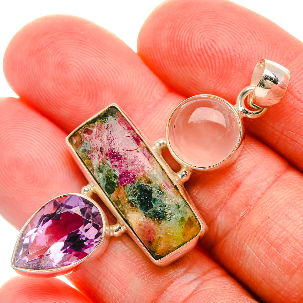 Natural Tourmaline, Amethyst, Rose Quartz Pendant 2" (925 Sterling Silver) PD38179