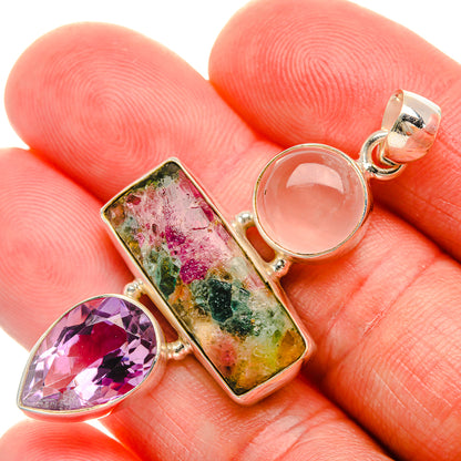 Natural Tourmaline, Amethyst, Rose Quartz Pendant 2" (925 Sterling Silver) PD38179