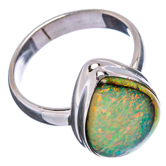 Sterling silver opal ring, wide band with bezel-set green opal