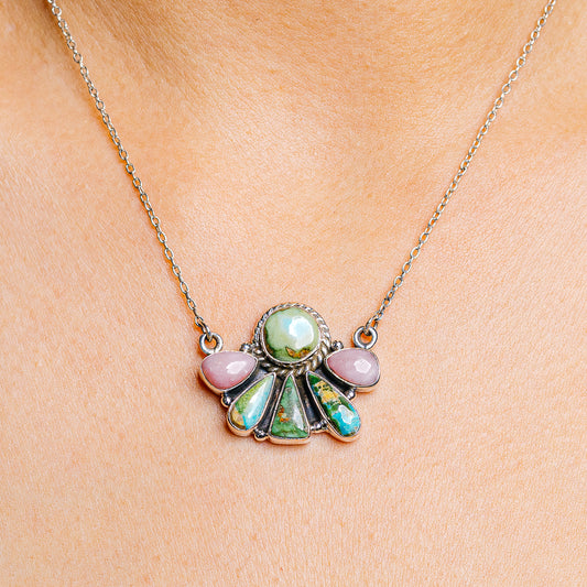 Sterling silver opal pendant necklace with turquoise, pink, and green fan stones