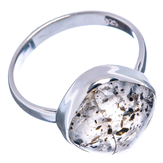 Sterling silver rutilated quartz ring, round black-dot stone in raised bezel