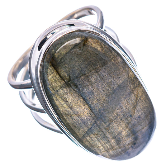 Sterling silver oval labradorite ring, gray stone with subtle blue flashes