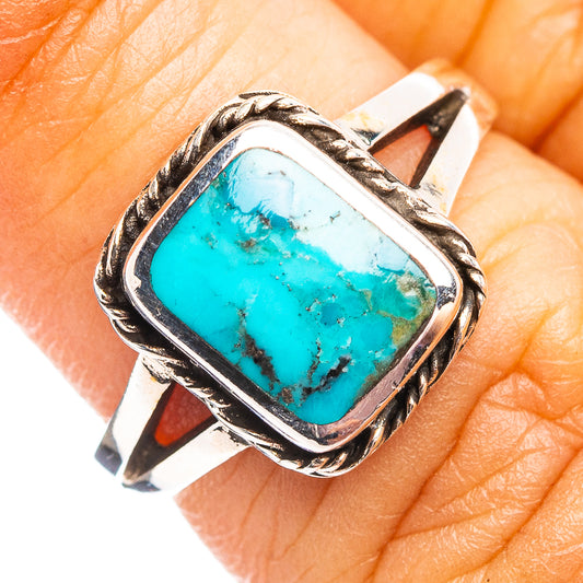 Turquoise gemstone silver ring with ornate bezel setting, size 5.5