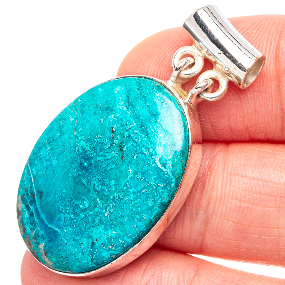 Oval turquoise shattuckite cabochon pendant in .925 sterling silver bezel